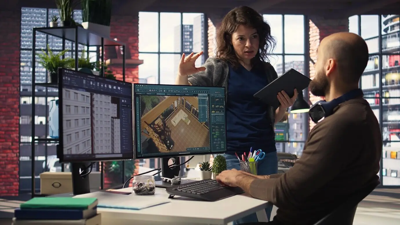 Un equipo de diseño arquitectónico configura un plano de planta en dos monitores.