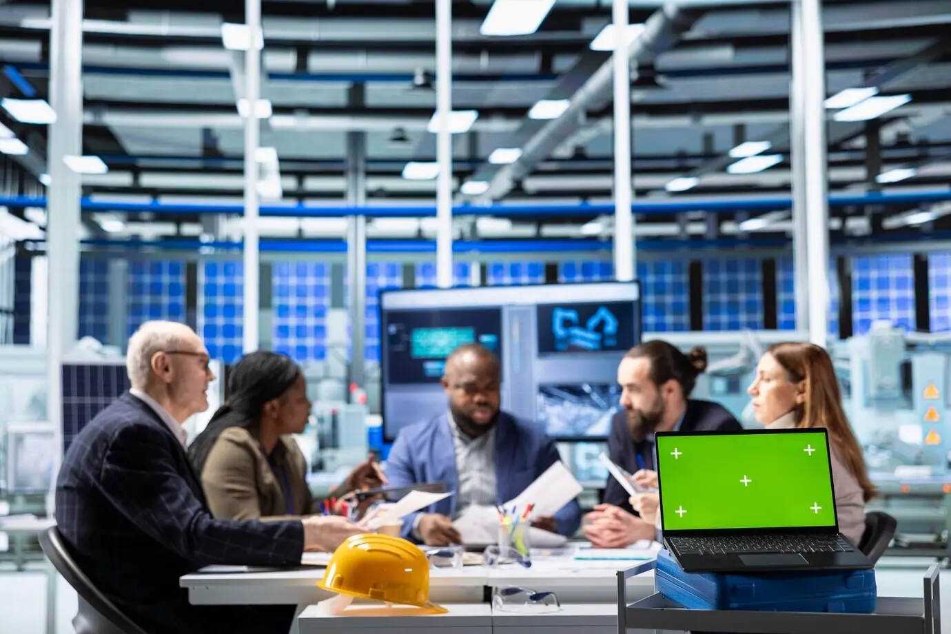 La dirección de la fábrica en una instalación industrial mirando datos en un portátil de maqueta.