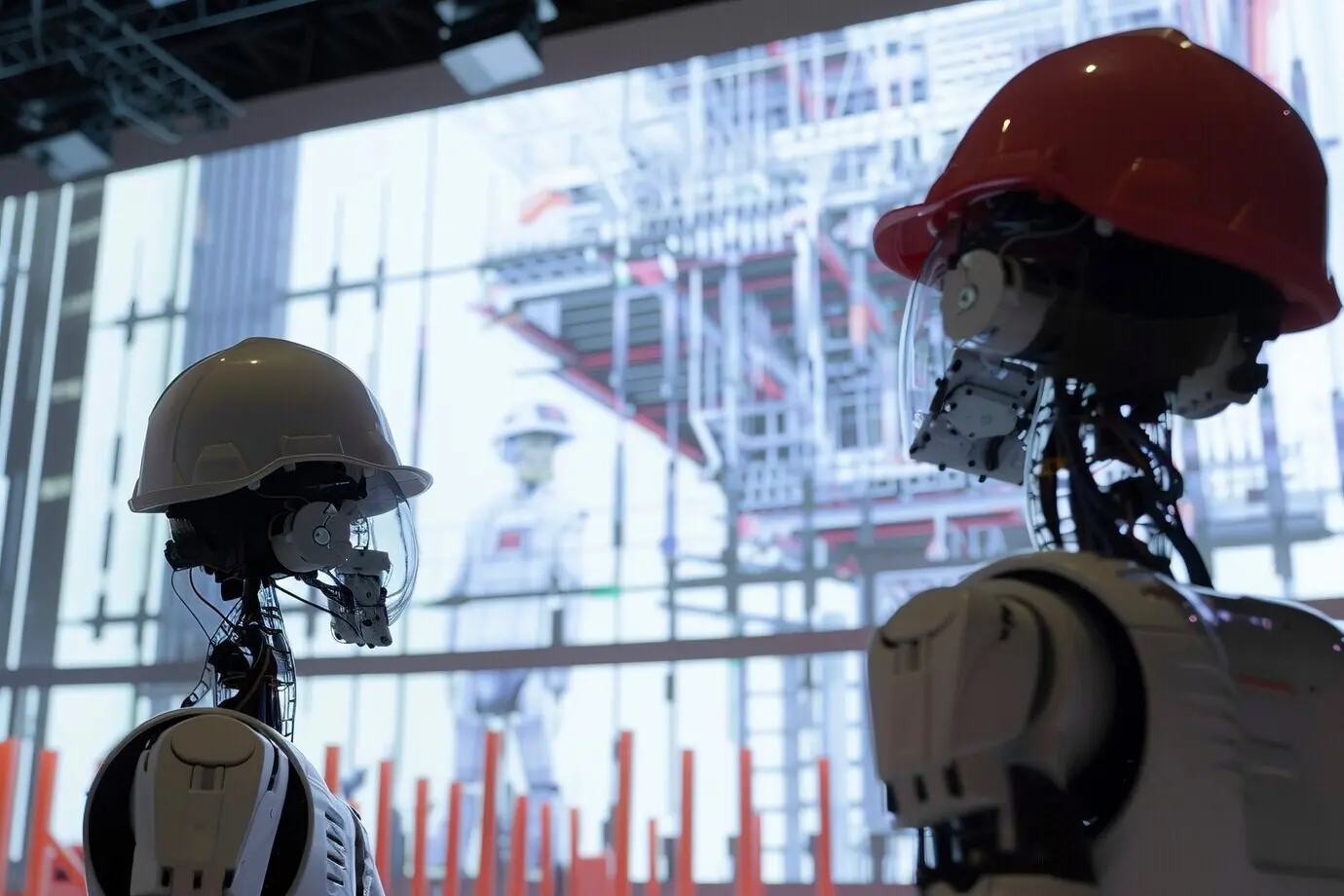 Escena futurista con un robot de alta tecnología empleado en la industria de la construcción.