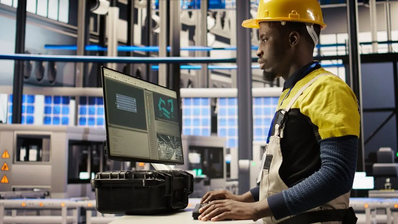 Ingeniero de planta de paneles solares usa una PC para supervisar sistemas.