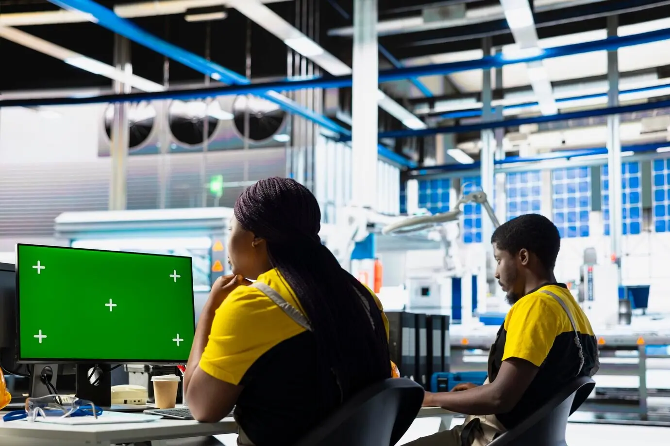 Ingeniero de paneles solares supervisando el consumo de energía con una PC de pantalla aislada