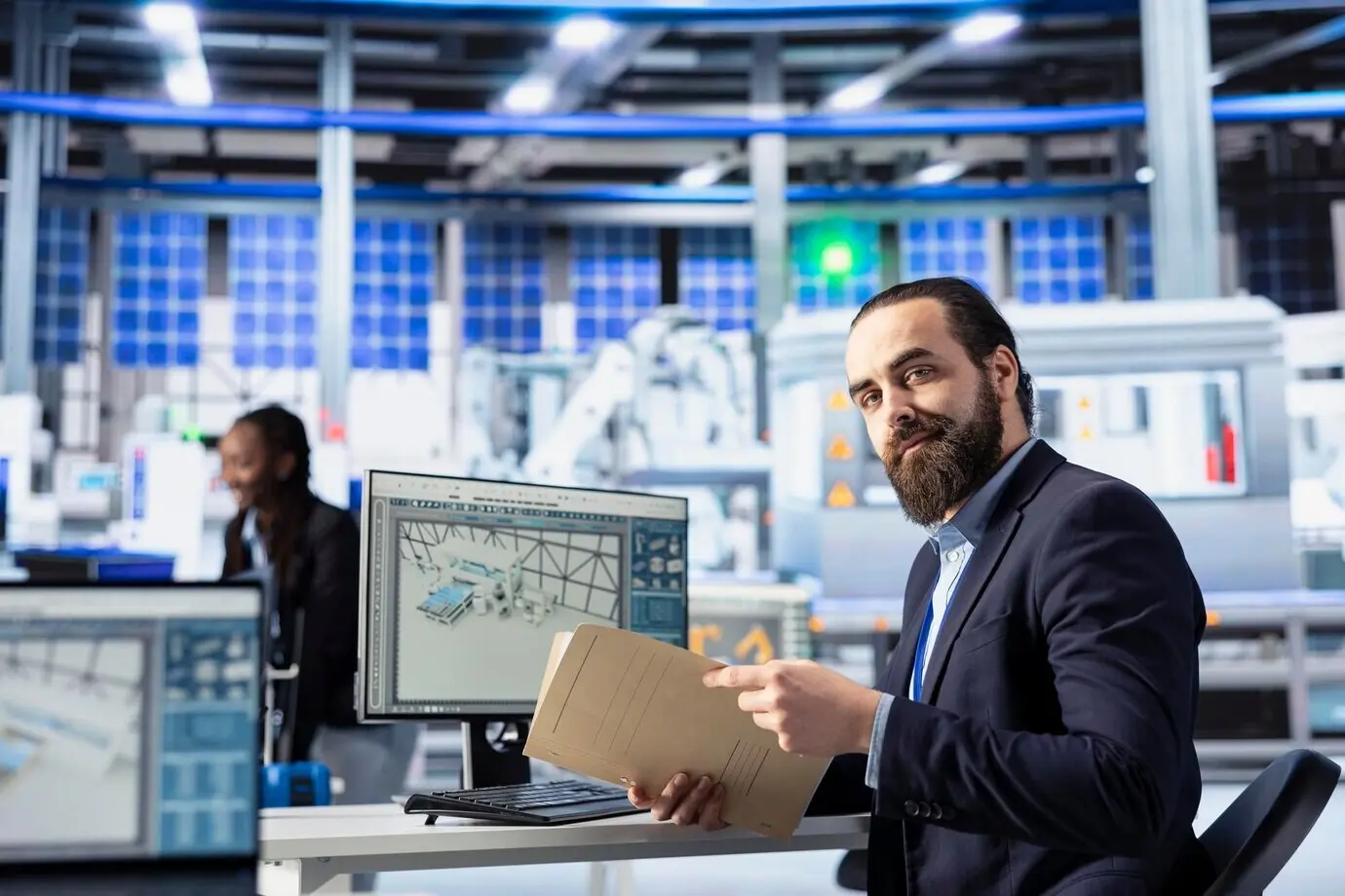 El líder de equipo lee archivos de datos de inspección de los parámetros de la maquinaria de una planta solar.